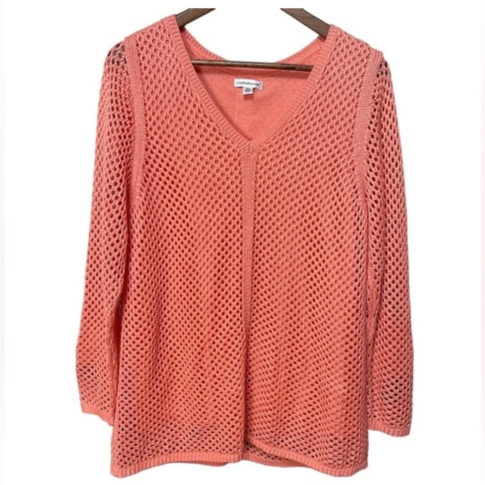 Croft & Barrow Coral Knit Crochet Sweater Long Sleeve open knit Spring Size XL